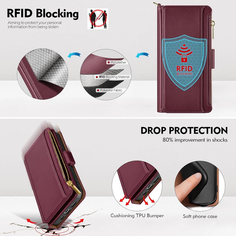 Antsturdy Compatible with iPhone 16 Pro Max Wallet Case,RFID Blocking PU Leather Phone Case Women Men Kickstand flip Cover Wrist Strap Zipper Credit Card Holder Slots for Apple 16 ProMax,Wine Red - Image 5